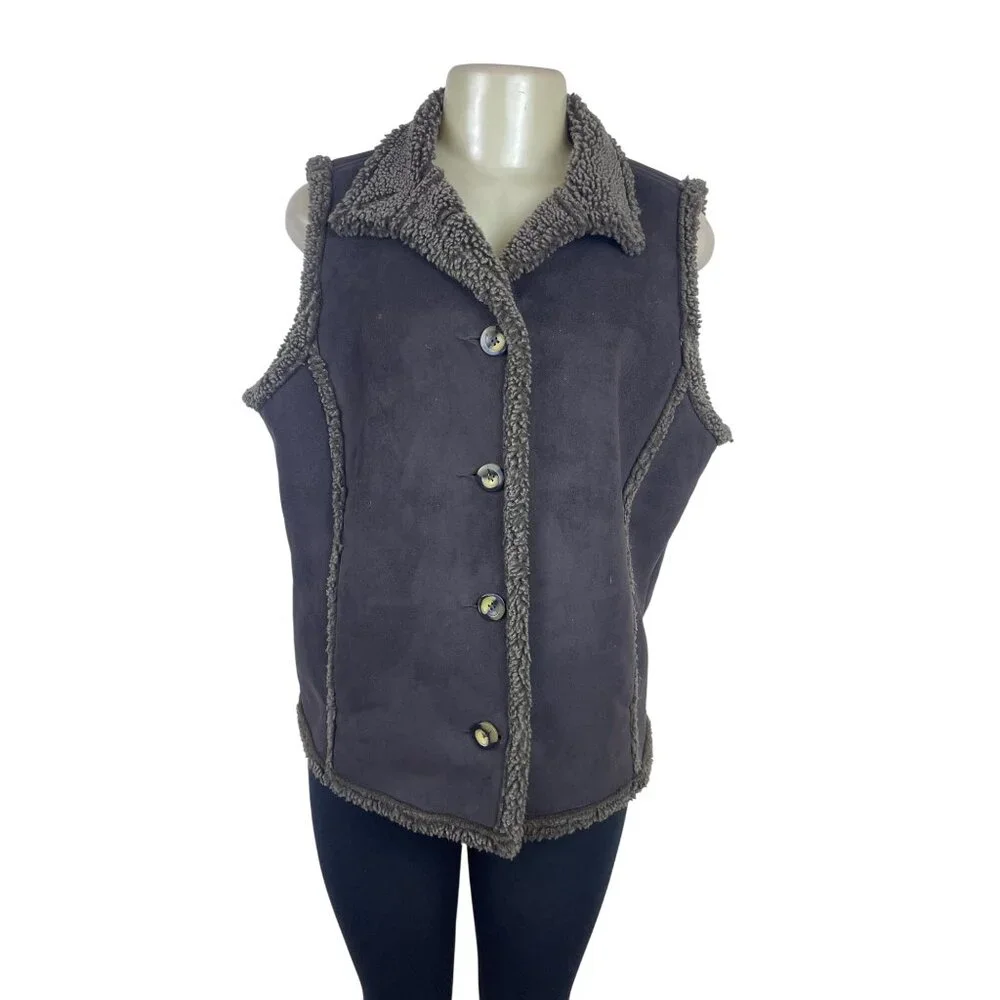 L.L. Bean Women's Gray Sherpa Lined & Sleeveless Button Front Vest Sz M - Picture 1 of 10
